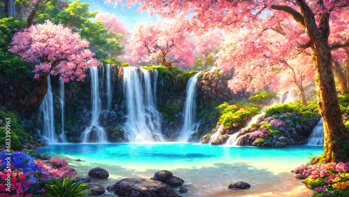 A beautiful paradise land full of flowers, sakura trees, rivers and waterfalls, a blooming and magical idyllic Eden garden