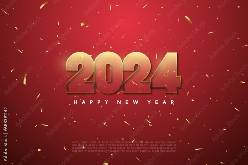 2024 new year celebration with transparent red numbers. design premium vector.