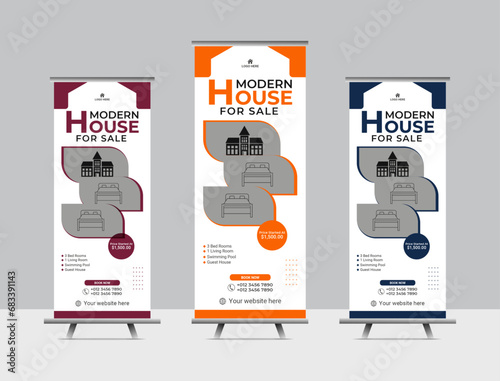 Corporate real estate roll up banner or pull up banner design template premium vector. Home for sale real estate roll up banner design.
home for sale real estate roll up banner, pull up banner templat