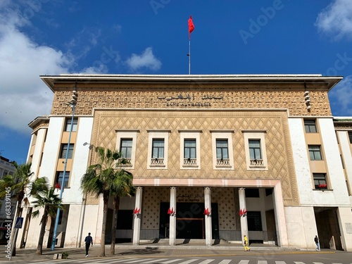 Street view of Bank Al-Maghrib building , Moorish Art Deco building of the Bank al Maghrib in Casablanca. The central bank of the Kingdom of Morocco 