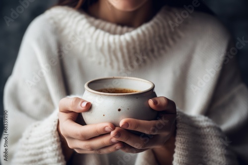 Woman in a white sweater cradling a coffee cup, close up on the hands, comercial photography