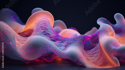 Abstract, fabric and wave render on a black background for design, wallpaper or backdrop. Colourful, vibrant material and holographic fluid closeup of curves graphic for science, 3d art and creativit