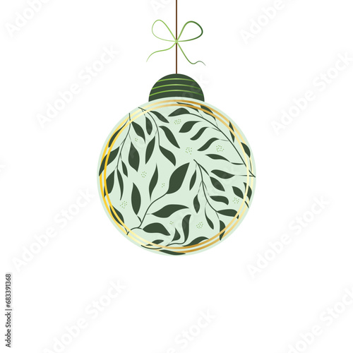 Christmas Bauble Leaves. Green and Golden Decorative Happy New Year, Vector Illustration Christmas Icon