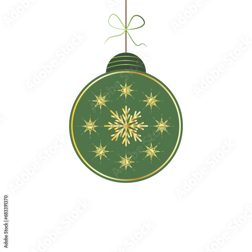 Christmas Bauble with Snowflake and Stars. Green and Golden Decorative Happy New Year, Vector Illustration Christmas Icon