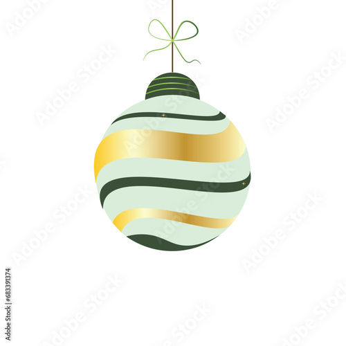 Christmas Bauble Golden Ribbons. Green and Golden Decorative Happy New Year, Vector Illustration Christmas Icon