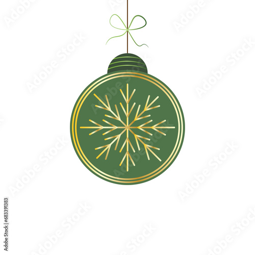 Christmas Bauble with Snowflake Icon. Green and Golden Decorative Happy New Year, Vector Illustration Christmas Icon
