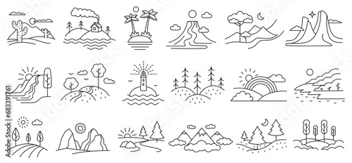 Line art landscapes. Nature terrain, traveling and hiking locations outline vector set with editable stroke paths