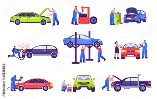 Car service workers. Mechanic fix car engine, automobile repair works and auto service station isolated vector illustration set
