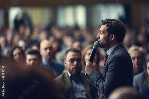speaker in front of a crowd talking into a microphone photo