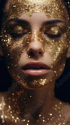 Beautiful woman with golden glitter makeup. Stunning young girl. Fashion and beauty concept.