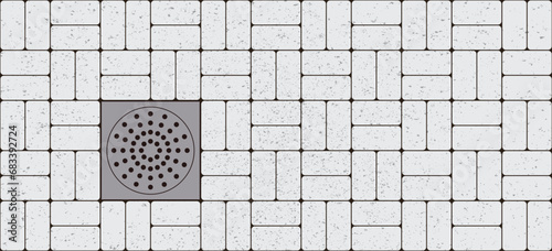 Floor or storm drain on a brick stone floor, For running water in shower or Shower drain. Drain hole in the tile floor of a shower. Water drain in the bathroom or kitchen. Shower drainage floor sign.