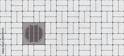 Floor or storm drain on a brick stone floor, For running water in shower or Shower drain. Drain hole in the tile floor of a shower. Water drain in the bathroom or kitchen. Shower drainage floor sign.