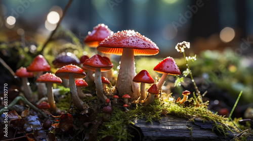 Close-Up of a Vibrant Mushroom Thriving on a Fallen Log, A Burst of Colorful Life Amidst the Earthy Tapestry
