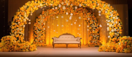 Indian wedding stage decorated with colorful flowers props lights and a yellow theme featuring flower themed arch decor
