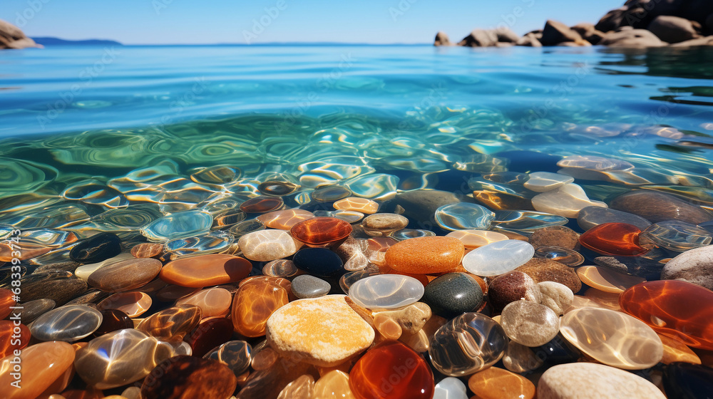 Glistening Pebbles in a Kaleidoscope of Colors Adorning the Shoreline, A Serene Symphony of Nature's Beauty in the Water's Embrace