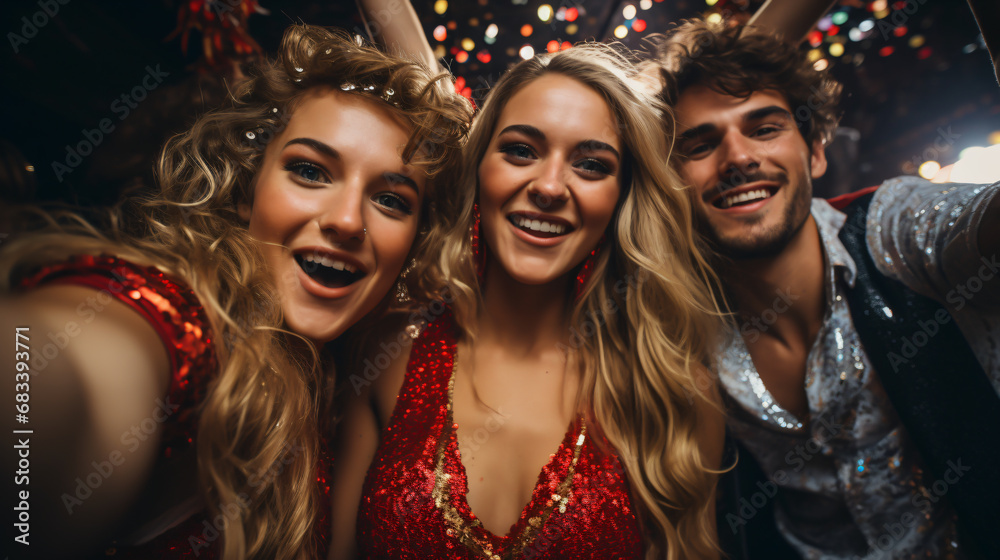 Friend with Christmas costumes taking selfie on a party, celebrating with friends at a Christmas party. Energetic and enthusiastic photo in an atmosphere representing the Christmas festivities. Friend with Christmas costumes taking selfie on a party, celebrating with friends at a Christmas party. Energetic and enthusiastic photo in an atmosphere representing the Christmas festivities.