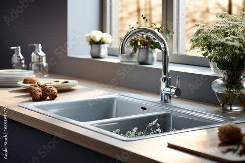 Stainless steel shiny perfectly clean sink for kitchen.generative ai