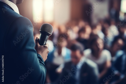speaker in front of a crowd talking into a microphone © nataliya_ua