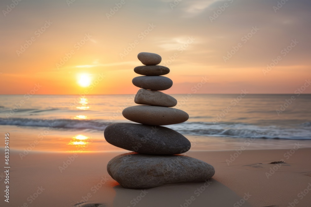 Pyramids of gray zen pebble meditation stones sea or ocean sand beach sunset or sunrise background. Concept of harmony, balance and meditation, spa, massage, relax. Pyramids of gray zen pebble meditation stones sea or ocean sand beach sunset or sunrise background. Concept of harmony, balance and meditation, spa, massage, relax.