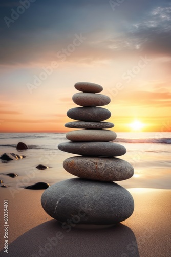 Pyramids of gray zen pebble meditation stones sea or ocean sand beach sunset or sunrise background. Concept of harmony, balance and meditation, spa, massage, relax.