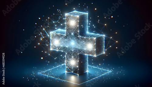 The image depicts a three-dimensional plus sign composed of a network of connected lines and dots, illuminated with a bright, blue light against a dark background.