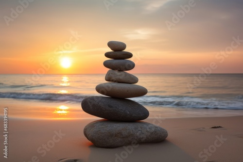 Pyramids of gray zen pebble meditation stones sea or ocean sand beach sunset or sunrise background. Concept of harmony, balance and meditation, spa, massage, relax.