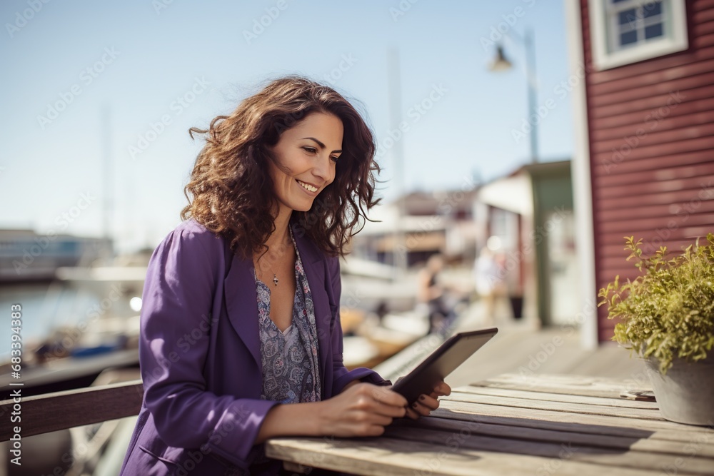 Obraz premium woman working with laptop on the embankment 