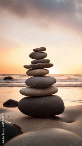 Pyramids of gray zen pebble meditation stones sea or ocean sand beach sunset or sunrise background. Concept of harmony  balance and meditation  spa  massage  relax.