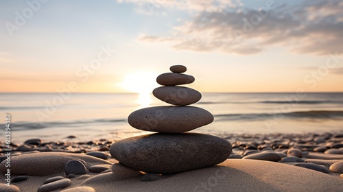 Pyramids of gray zen pebble meditation stones sea or ocean sand beach sunset or sunrise background. Concept of harmony, balance and meditation, spa, massage, relax.