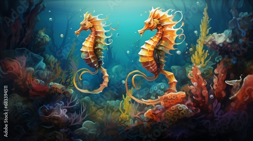 Graceful seahorses swimming in a tranquil underwater grotto, their tails wrapped around swaying seaweed, with shafts of sunlight illuminating the scene in a mesmerizing dance of colors.