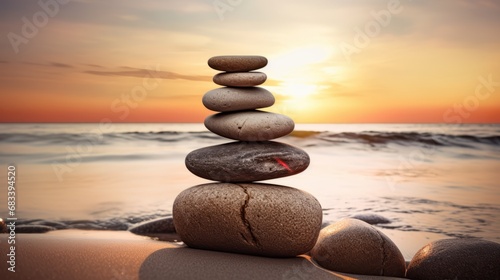 Pyramids of gray zen pebble meditation stones sea or ocean sand beach sunset or sunrise background. Concept of harmony  balance and meditation  spa  massage  relax.