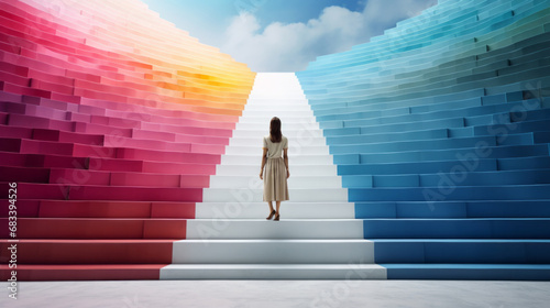 Business woman, back and walking on staircase to goals, success and corporate ladder for career growth. Rear view, determined or employee climbing rainbow path way to future achievement or leadership