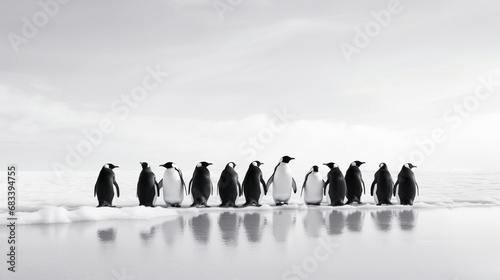 Group of penguins waddling across a vast  icy expanse  their fluffy bodies perfectly adapted to the harsh Antarctic climate.