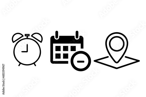 Date, time and address icon set. Event elements isolated on transparent background. Calendar, address location pointer icon. Web icons set. Black & white vector illustration. 