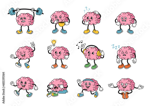 Cartoon human brains mascot. Strong memory brain character has idea, mind questions and do healthy sport exercises 1930s rubber hose style vector illustration set