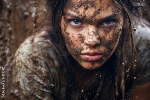 Scared Young Woman with Dirty Face and Arms - Smudged and Stained Teenage Girl Looking Fearful and Muddy
