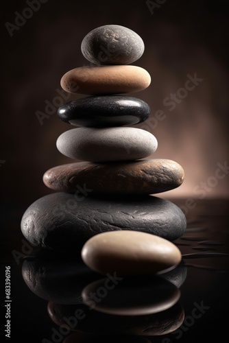 Balanced pyramids of gray zen pebble meditation stones. Concept of harmony  mental health  balance and meditation  spa  massage  relax.