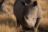 portrait of a white rhino in the wild grassing in the sunset in etosha namibia africa