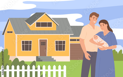 Cartoon family home. Suburban house with happy father, mother and kids together outdoors. Real estate vector illustration