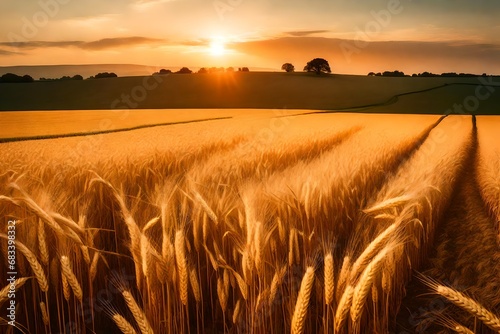 rural landscape with  wheat field on sunset