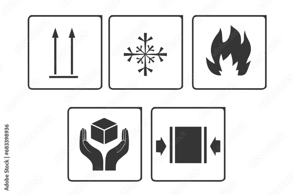 A set of packaging symbols. Common packaging & warning symbol set ...