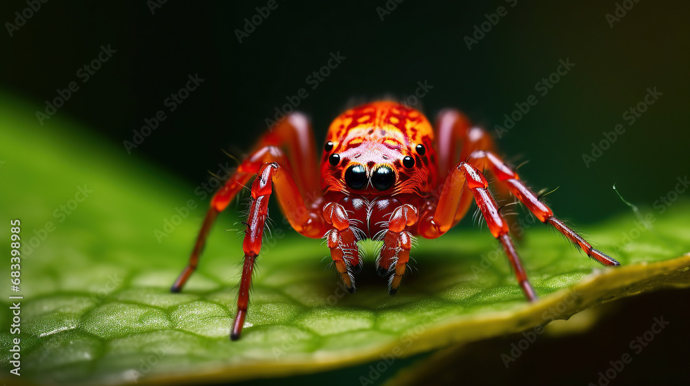 A close-up macro shot of a small tiny red spider on a leaf. A close-up macro shot of a small tiny red spider on a leaf.