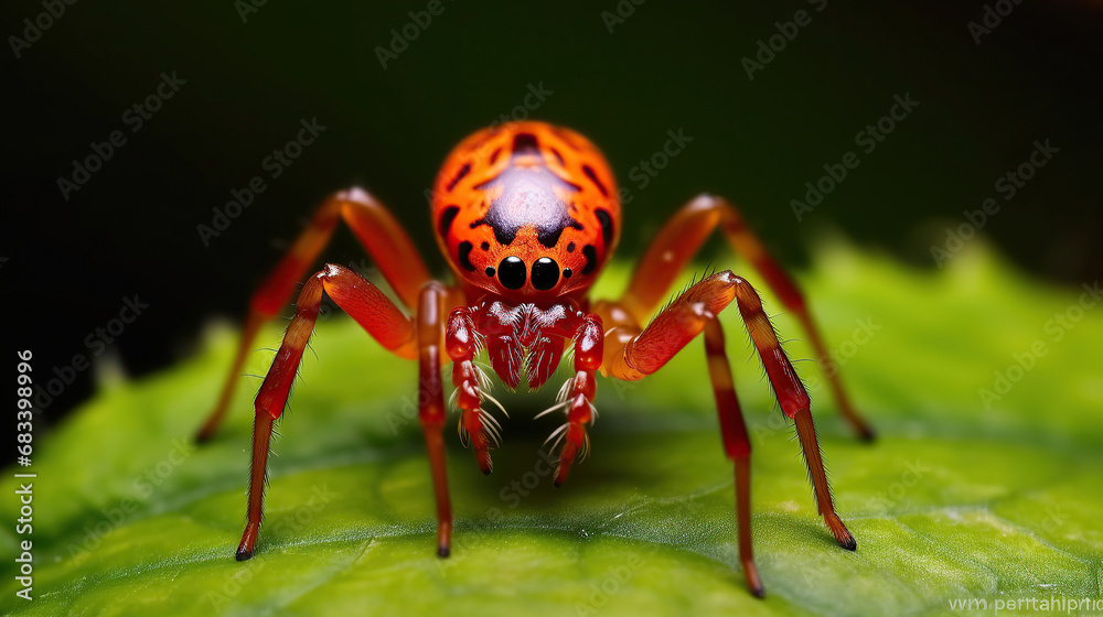 Fototapeta premium A close-up macro shot of a small tiny red spider on a leaf.
