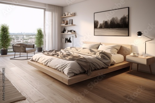 Bedroom spacious Scandinavian, mid-century home interior design of modern bedroom, generated with AI © sch_ai
