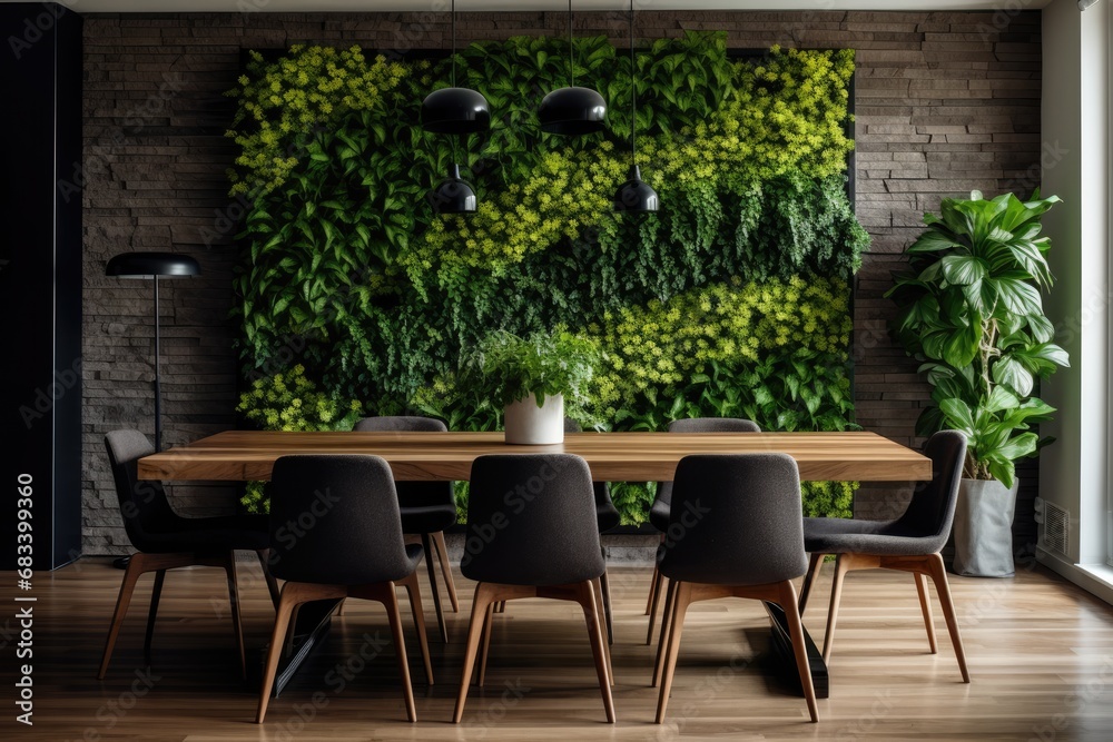 Vegetal wall in a Scandinavian, mid-century home interior design of modern dining room, generated with AI