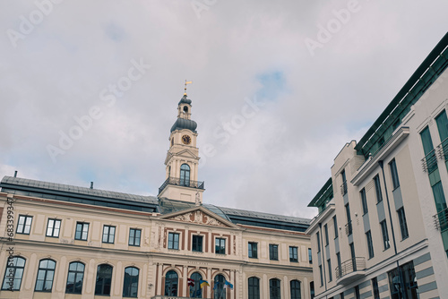 Riga's city hall facade with high tower clock famous landmark in this baltic capital, Latvia