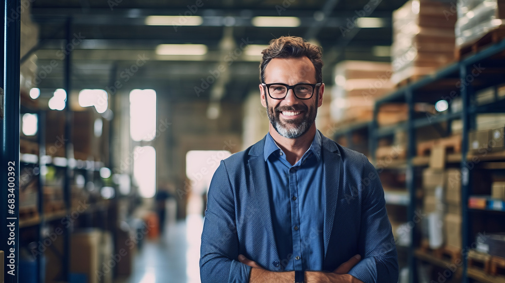 A happy salesman stand holding tablet in large warehouse. A happy salesman stand holding tablet in large warehouse.