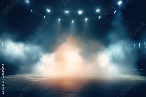 An empty stage is bathed in atmospheric blue light and fog.