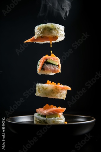 Balanced food levitation. Flying sushi rolls with seafood ingredients. Creative art concept Asian Japanese food.  