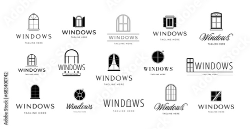 Minimalist window emblems. Casement frame with elegant shutters and curtains, home interior branding design template vector icon set